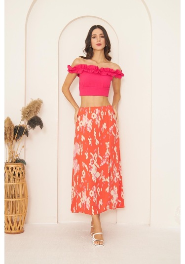Darlin Moda Pembe Fırfırlı Crop Bluz Dm7002