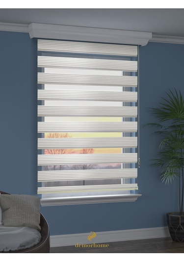 Br Demor Home Geniş Pliseli Ekru Zebra Stor Güneşlik Perde Metal Kasa Ekru