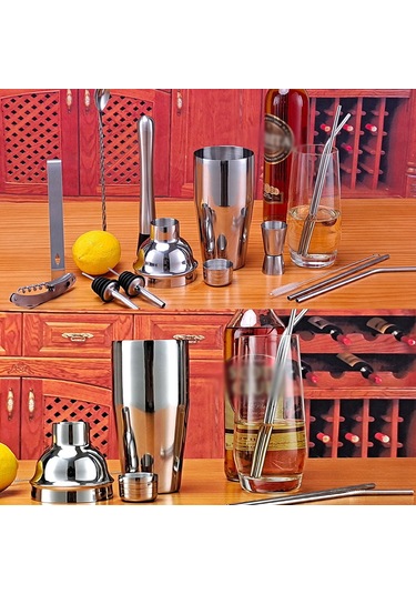 Gajeena Profesyonel 13 Parça Paslanmaz Çelik Kokteyl Seti - 350ml Şık Bar Ekipmanları