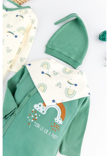 Gökkuşağı Temalı 2'li Uzun Kollu Kız/erkek Bebek Tulum Takım Yeşil