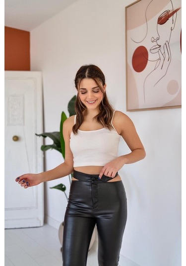 Gülsüm Aydın Siyah Bel Detaylı Deri Pantolon Siyah