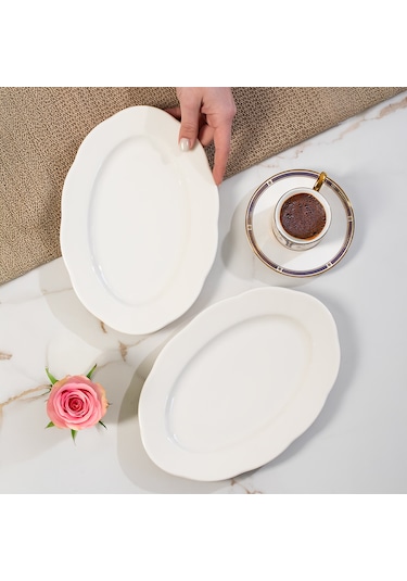 Porsima 4454 Yonca Porselen Kayık Tabak Seti - Oval Kahvaltılık Sunumluk Seti 25cm Beyaz
