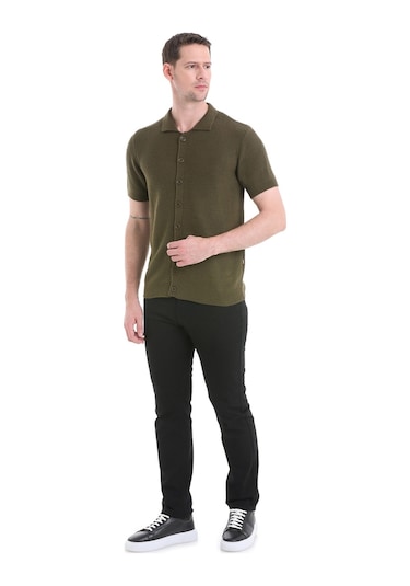 Hatemoğlu Regular Fit Düz Düğmeli Kısa Kollu Triko Hırka 34162024c001 022 - Haki