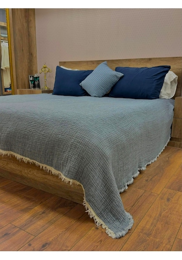Mavi 4 Katlı Çift Taraflı Çift Kişilik Müslin Battaniye %100 Pamuk 230x240 Cm Mavi