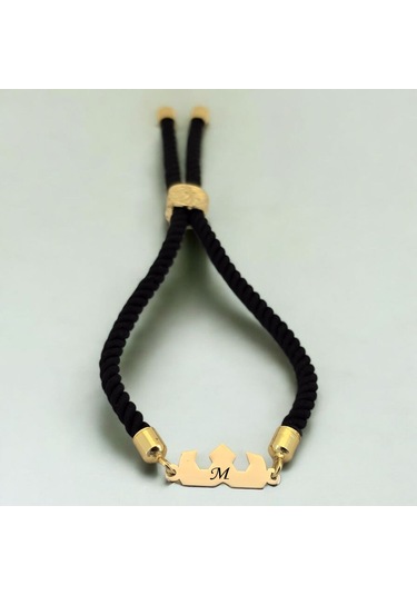 M Harfine Özel Siyah İpek Örgülü Taç Figürlü 14 Ayar Altın Plakalı Hediye Bileklik-507harf M