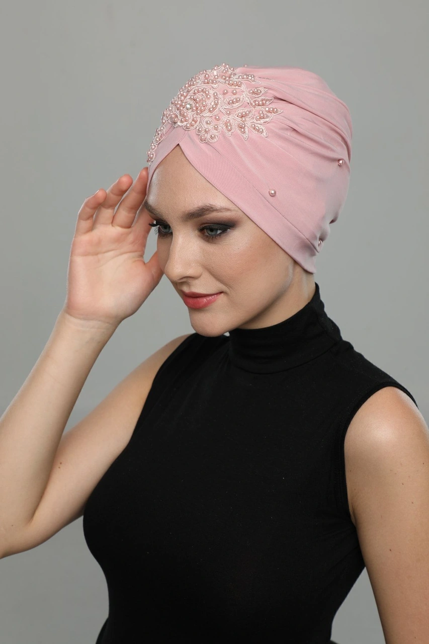 Kopma Astarlı Işlemeli Pudra Gül Motifli Hazır Türban Tesettür Abiye Bone Pudra Gül