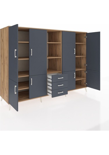 Kronos Dolap 11 Raflı 3 Çekmeceli 8 Kapaklı 220x59x163 Çam-antras Çam-antrasit