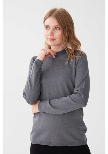 Desen Triko Kadın Likralı Uzun Kol Basic Yarım Balıkçı Bluz 0240016 Gri