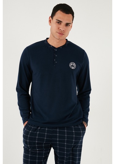 Buratti Ekoseli Yumuşak Dokulu Regular Fit Uzun Kollu Erkek Pijama Takımı 609611030 Lacivert