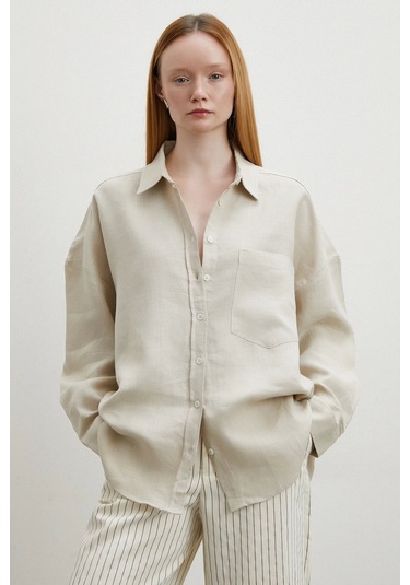 Robalı Cepli Keten Gömlek Taş TAŞ Taş