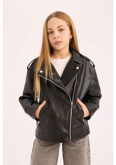 Defacto Kız Çocuk Su İtici Fermuarlı Suni Deri Ceket Mont C4976a825aubk27 Siyah