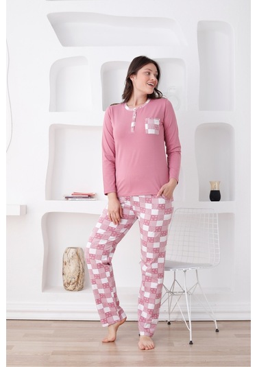 Ekoseli Kadın Pijama Takımı - 3 Düğmeli Uzun Kollu Likralı Penye Cepli Alt Gül Kurusu