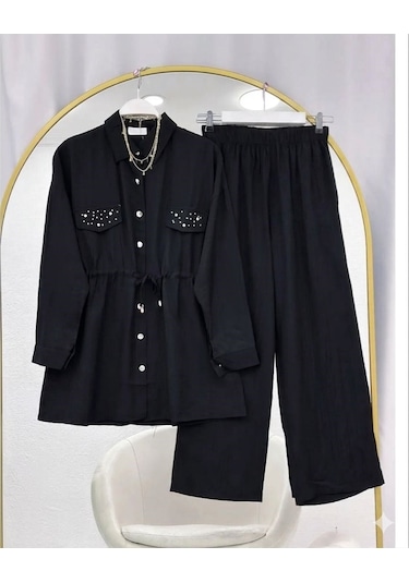 Lovie Moda Kapak Taşlı Jakar Pantolonlu İkili Takım Siyah