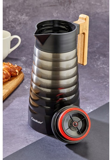 Cooker Ckr2097 2 L Çift Katmanlı Paslanmaz Çelik Termos Bambu Saplı - 12 Saat Sıcak 24 Saat Soğuk Piknik, Ofis, Otel, Kafe, Okul Siyah-gri