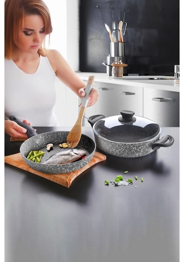 3 Parça Granit Tencere Seti - Gri