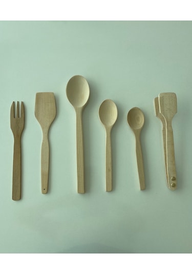 Ahşap Set 6 Parça Kaşık + Lüx Maşa + Spatula + Çatal