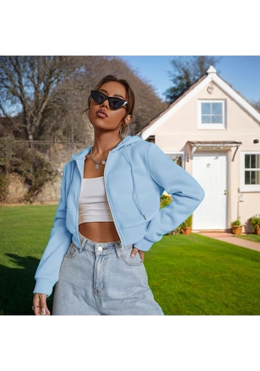 Kadın Kapüşonlu Fermuarlı Crop Hırka Sweatshirt -üç İplik Şardonlu