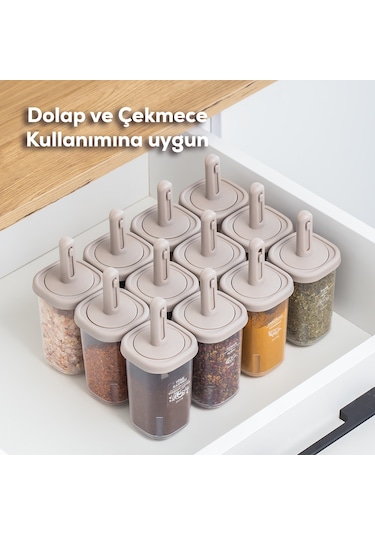 Porsima 1100 Kaydırmalı Kaşıklı Baharatlık Seti 12'li Şeffaf - Cappucino