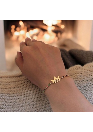 Yıldız İsmine Özel Taç Motifli 14 Ayar Altın Plakalı Renkli Taş Desenli Hediye Bileklik-489isim Yıldız