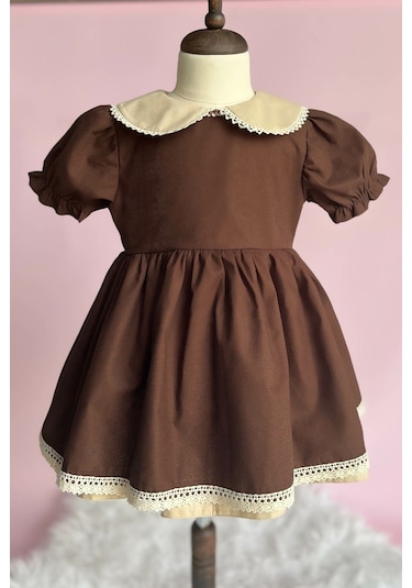 Dantel Detaylı Bebe Yaka Kahve Camel Vintage Kız Çocuk Bebek Bayram Elbise 001
