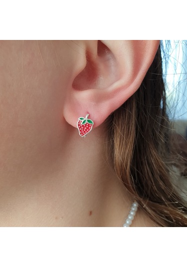 MAGRİB kırmızı çilekli gümüş çocuk küpesi