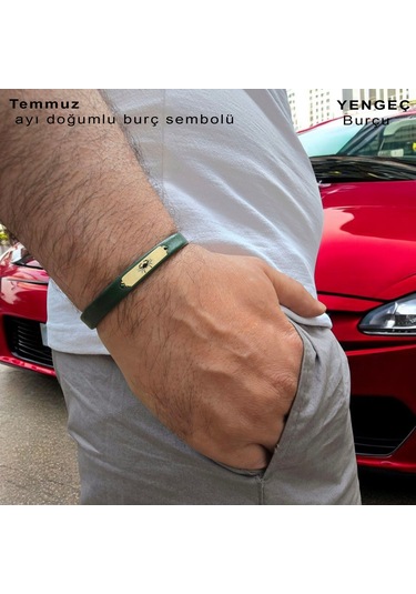 Archin Yengeç Burçlarına Yeşil Derili 14 Ayar Altın Plakalı Dikdörtgen Motifli Hediye Bileklik-371burç Yengeç