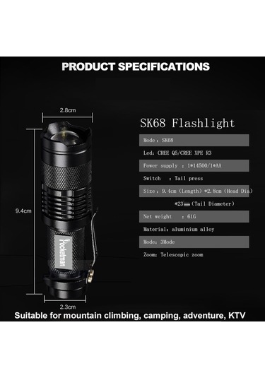 MSO Cree Q5 Led Ampül Mercekli Zoom El Feneri Siyah