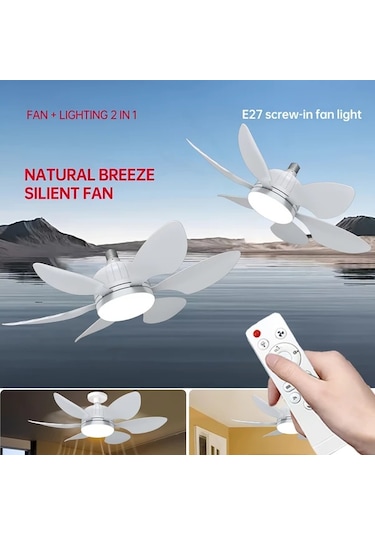 Xuweiwei 46cm 6 Bıçaklı Akıllı Tavan Vantilatörü Beşli Beyaz Paket Vantilatör E26 E27 Soket Led Işık Uzaktan Kumanda Ayarlanabilir Hız 3500k 6000k
