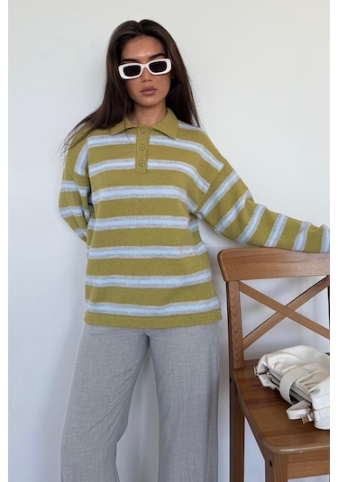 Yeşil Polo Yaka Çizgili Kadın Triko Kazak Mg2469 Yeşil