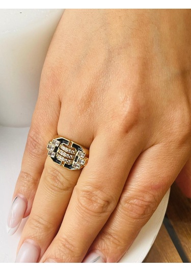 Siyah Mineli Marka Çelik Yüzük Gümüş