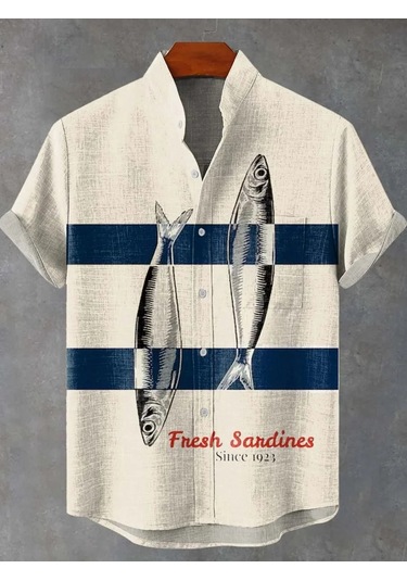 Snapbuy Retro 3d Sanat Baskılı Çizgili Balık Desen Keten Erkek Gömlekordu Yeşil Ordu Yeşil