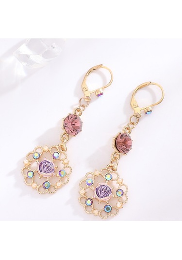 Oymalı Çiçek Madalyon Ve Kristal Taşlı Damla Küpeler Çok Renkli