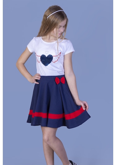 Toontoy Kız Çocuk Pul İşlemeli Kalp Nakışlı Etekli Takım Lacivert