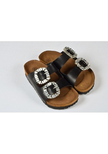 Kız Çocuk Mantar Tabanlı Çift Tokalı Ortopedik Birkeen Arizona Taşlı Terlik Siyah