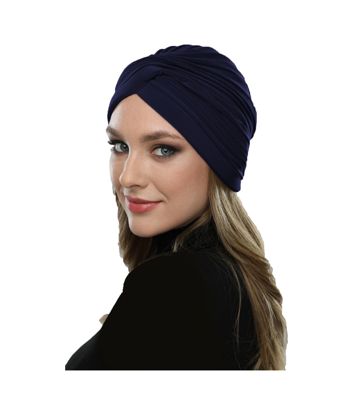 Çapraz W Nervürlü Ensesi Bantlı Lacivert Hazır Türban Tesettür Havuz Bonesi Lacivert