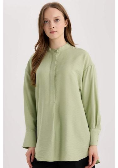 DeFacto Relax Fit Hakim Yaka Basic Düz Uzun Kollu Gömlek Tunik E1757AX25SPGN270