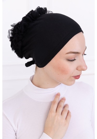 Fırfırlı Önden Dikişli Penye Bone - Kadın Tesettür Bağlamalı Topuz İç Bone-siyah Siyah