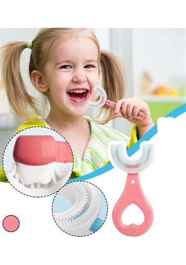 Çocuk Diş Fırçası U Şeklinde Pratik Bebek Diş Fırçası Saplı 2-6 Yaş Pembe 360 Derece Dönebilen Diğer