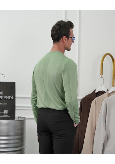 Modefendi Pamuk Yapılı Desenli Slimfit Triko Yeşil