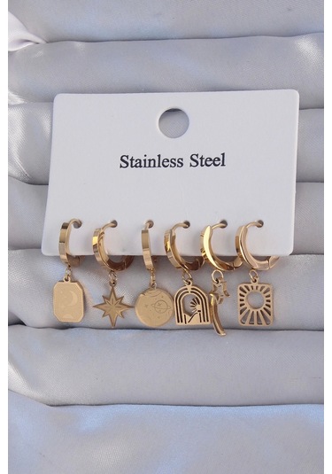 316l Çelik Gold Renk Yıldız Figürlü Tarot Model Halka Küpe Seti Çok Renkli