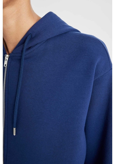 Defacto Relax Fit Kapüşonlu Cepli Basic Düz Fermuarlı Sweatshirt C1809AX24WNNV42 Lacivert