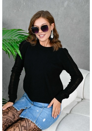 Kadın Bisiklet Yaka Kolları Ajurlu Basic Triko Kazak Siyah