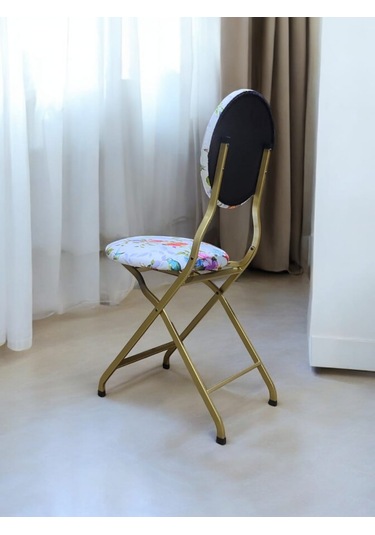 Katlanabilir Beyaz Gül Ve Kuş Desenli Gold Metal Sandalye Altın