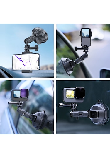 Mufunye Telesın Te-suc-011 Nylon Spor Kamera Süspansiyonu 10kg Yük Taşıma 360 Döner İki Top Kafa Araç Cam Suv Sürtünmeyen Tutucu Siyah