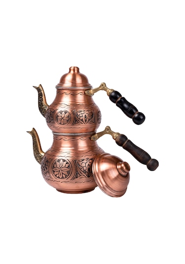 Dmt Gaziantep Bakır Çaydanlık Takımı Ağır İşlemeli Alt:12 Cm Üst:9cm Toplam:1,5lt Ahşap Kulp Bakır