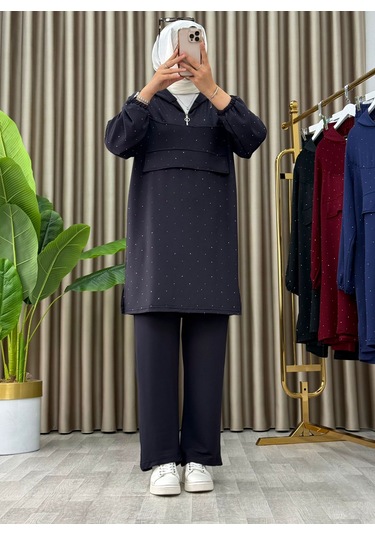 Taş Detaylı Kapüşonlu Fermuarlı İkili Tunik Takım Gri