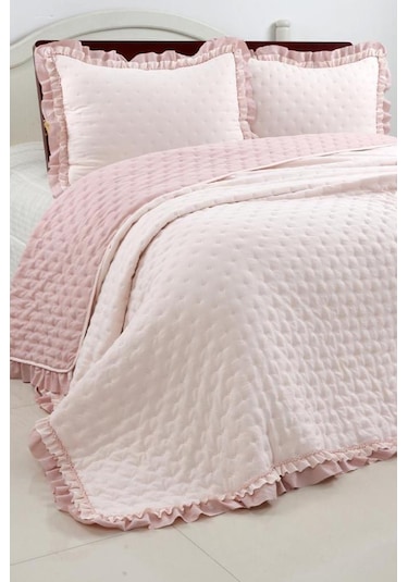 Adriana Fırfırlı Elyaf Dolgulu Tek Kişilik 160x220 Cm Yatak Örtüsü Pudra Pudra