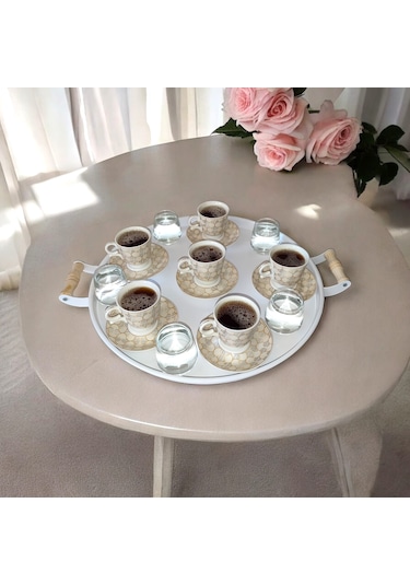 Tepsi Seti Ahşap Kulplu Metal Çay Tepsisi Kahve Tepsisi Sunum Kah