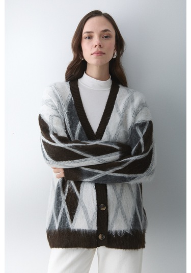 Koyu Kahverengi - Krem Baklava Desenli Hırka - 251090 Koyu Kahverengi