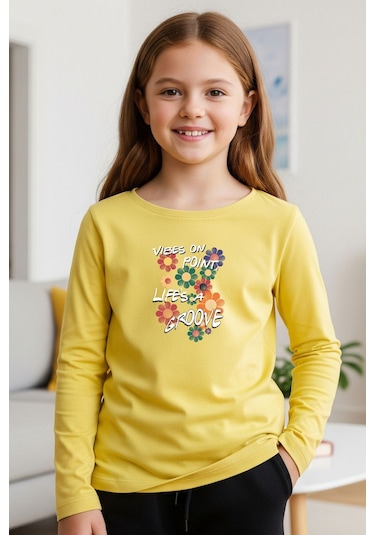 Yuvarlak Yaka Renkli Çiçek Baskılı Kız Çocuk Sweatshirt Sarı